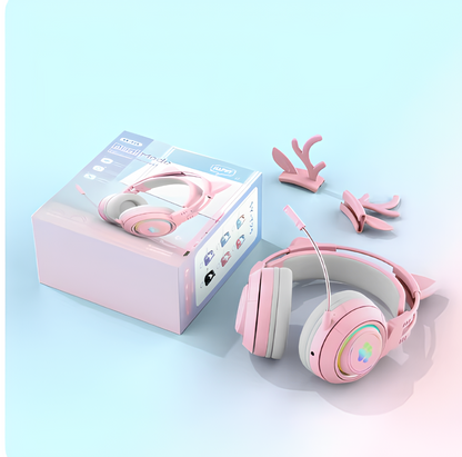 Cute Antlers/Cat Ear Wireless Bluetooth Headphone Gamer Earphone Gaming Headset With RGB Light For Child Kid Cute Girl Gifts